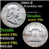 Image 1 : 1962-d Franklin Half Dollar 50c Grades Choice Unc+ FBL