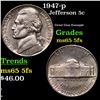 1947-p Jefferson Nickel 5c Grades GEM 5fs