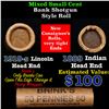 Image 1 : Mixed small cents 1c orig shotgun roll, 1919-s Wheat Cent, 1889 Indian Cent other end, Brinks Wrappe