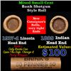 Image 1 : Mixed small cents 1c orig shotgun roll, 1917-d Wheat Cent, 1889 Indian Cent other end, Brinks Wrappe