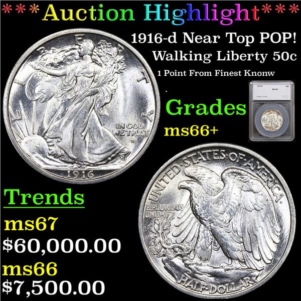 ***Auction Highlight*** 1916-d Walking Liberty Half Dollar Near Top POP! 50c Graded ms66+ By SEGS (f