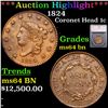 Image 1 : ***Auction Highlight*** 1824 Coronet Head Large Cent 1c Graded ms64 bn By SEGS (fc)