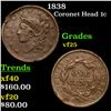 1838 Coronet Head Large Cent 1c Grades vf+