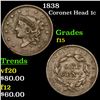 Image 1 : 1838 Coronet Head Large Cent 1c Grades f+