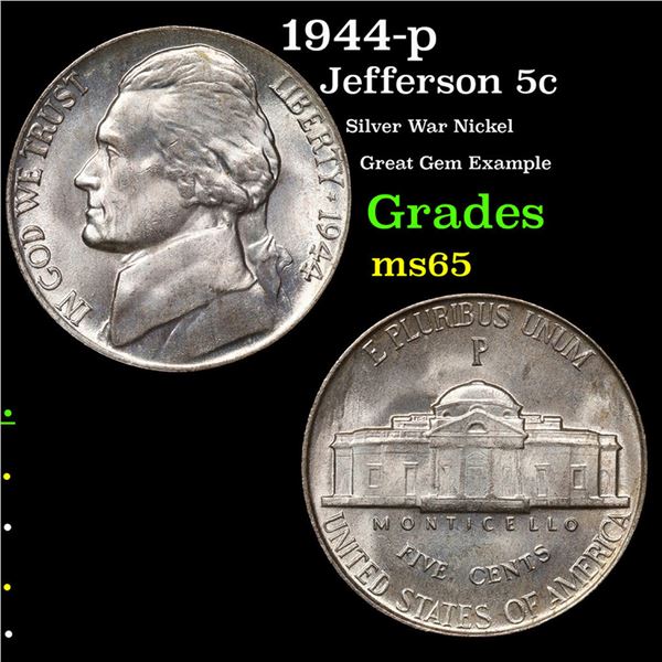 1944-p Jefferson Nickel 5c Grades GEM Unc