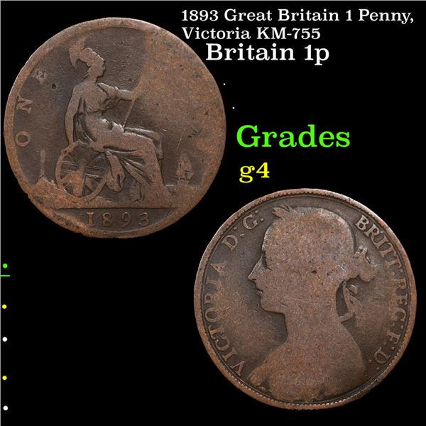 1893 Great Britain 1 Penny, Victoria KM-755 Grades g, good