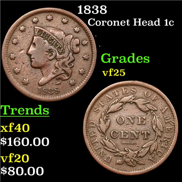 1838 Coronet Head Large Cent 1c Grades vf+