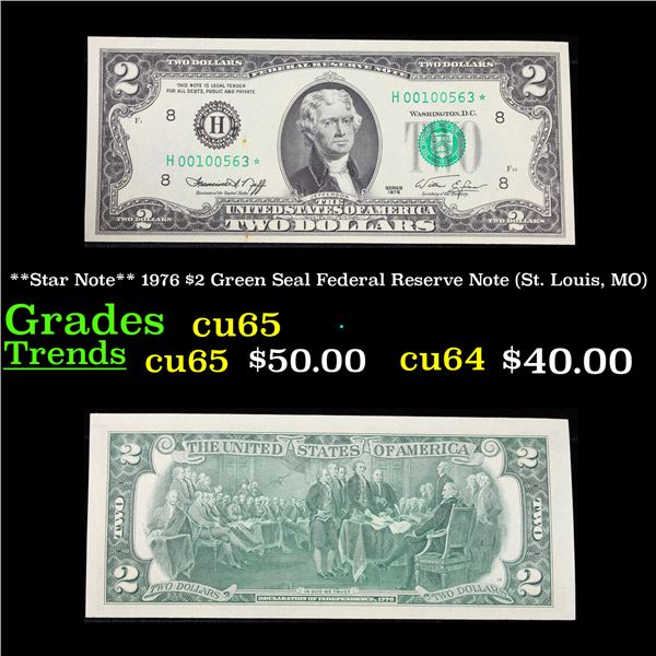 **Star Note** 1976 $2 Green Seal Federal Reserve Note (St. Louis, MO) Grades Gem CU