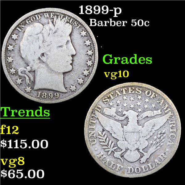 1899-p Barber Half Dollars 50c Grades vg+