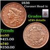 1836 Coronet Head Large Cent 1c Graded xf45 details By SEGS