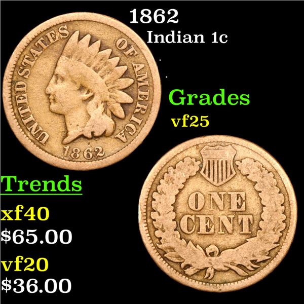 1862 Indian Cent 1c Grades vf+