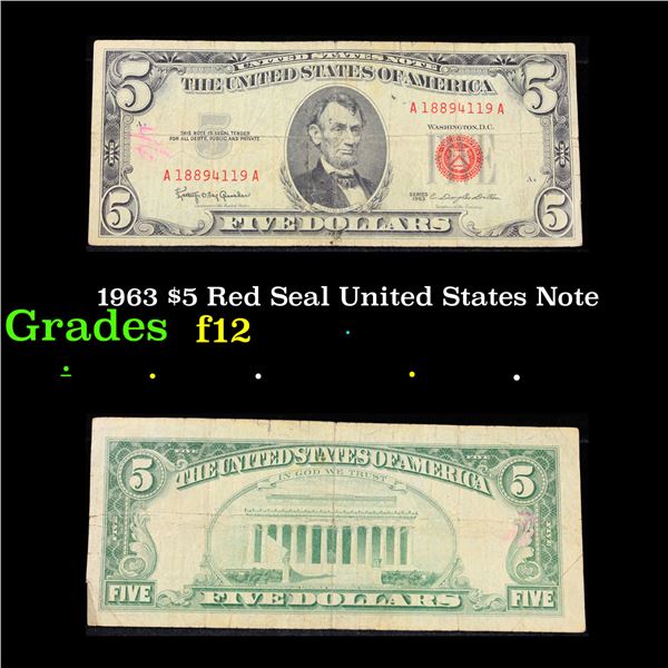 1963 $5 Red Seal United States Note Grades f, fine