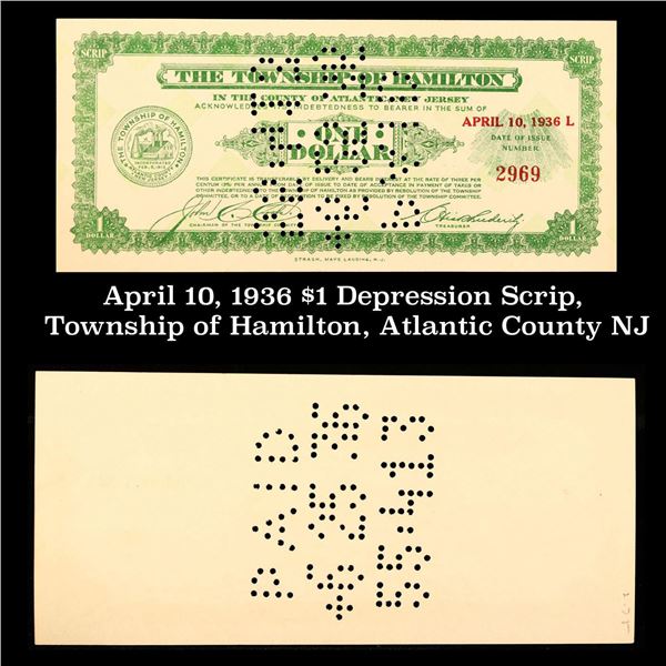 April 10, 1936 $1 Depression Scrip, Township of Hamilton, Atlantic County NJ Grades NG