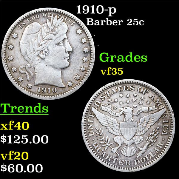 1910-p Barber Quarter 25c Grades vf++