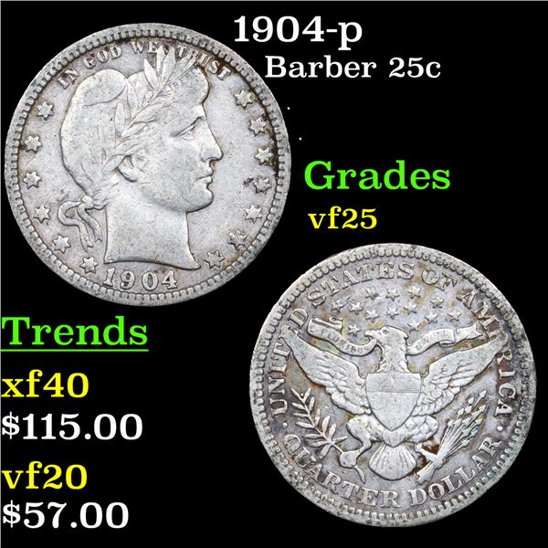 1904-p Barber Quarter 25c Grades vf+