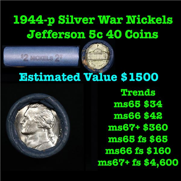 Solid 1944-p Silver War Jefferson Nickel 5c Shotgun Roll in Old Bank Style Wrapper