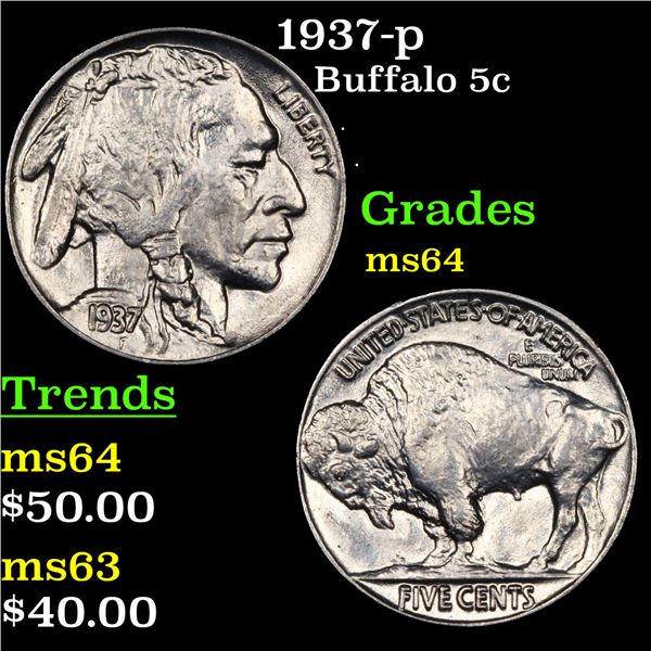 1937-p Buffalo Nickel 5c Grades Choice Unc