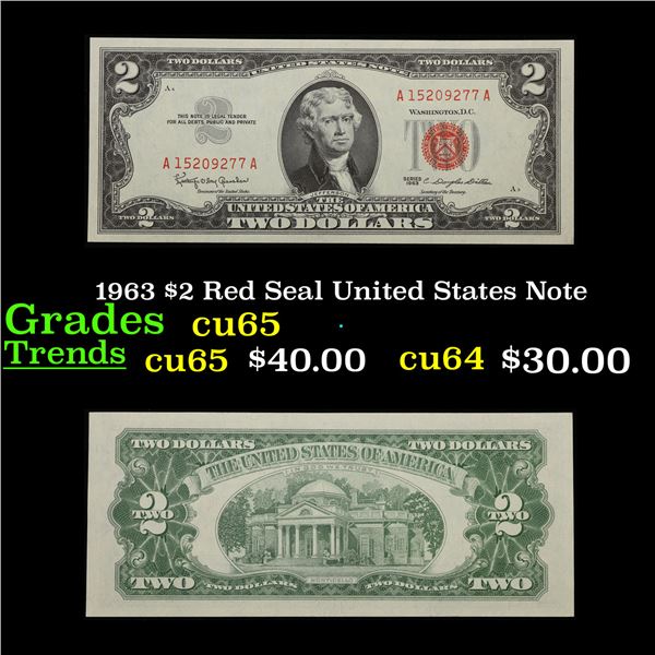 1963 $2 Red Seal United States Note Grades Gem CU