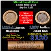 Mixed small cents 1c orig shotgun roll, 1916-d Wheat Cent, 1887 Indian Cent other end, Brinks Wrappe
