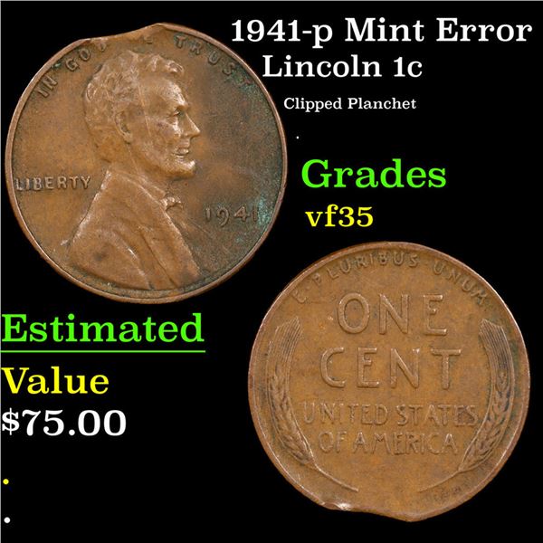 1941-p Lincoln Cent Mint Error 1c Grades vf++