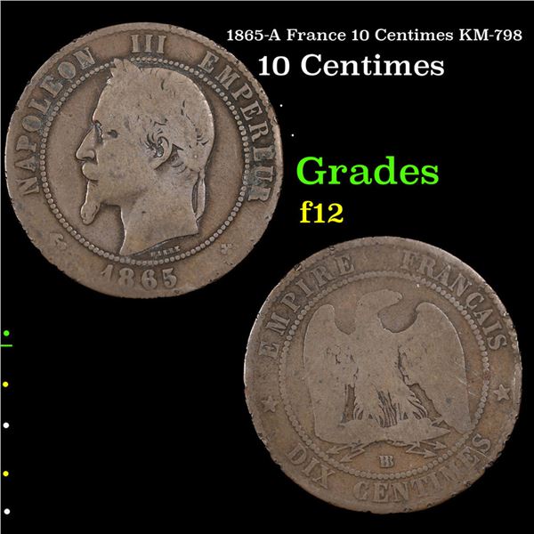 1865-A France 10 Centimes KM-798 Grades f, fine