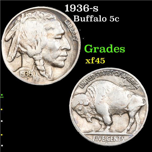 1936-s Buffalo Nickel 5c Grades xf+