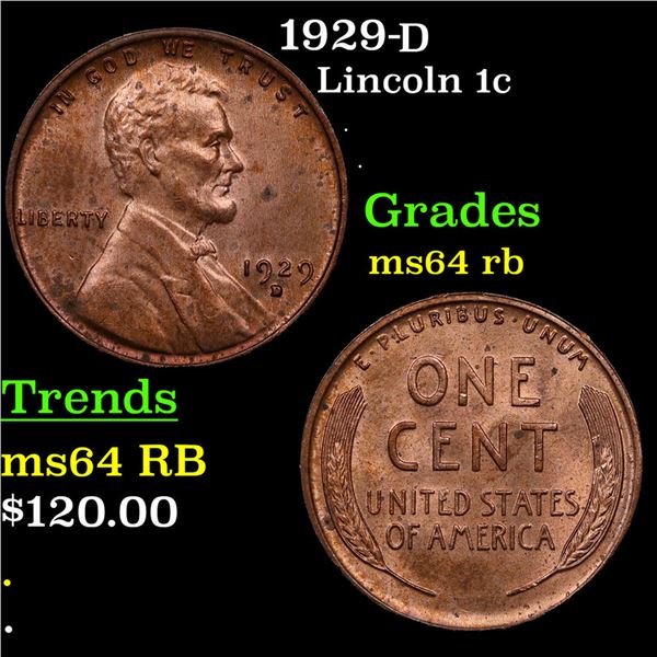 1929-s Lincoln Cent 1c Grades Choice Unc RB