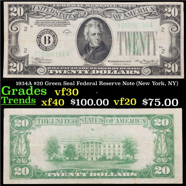 1934A $20 Green Seal Federal Reserve Note (New York, NY) Grades vf++