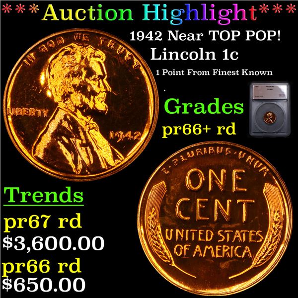 Proof ***Auction Highlight*** 1942 Lincoln Cent Near TOP POP! 1c Graded pr66+ rd BY SEGS (fc)