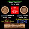 Image 1 : Mixed small cents 1c orig shotgun roll, 1919-s Wheat Cent, 1890 Indian Cent other end, Brinks Wrappe