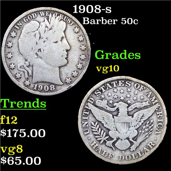 1908-s Barber Half Dollars 50c Grades vg+