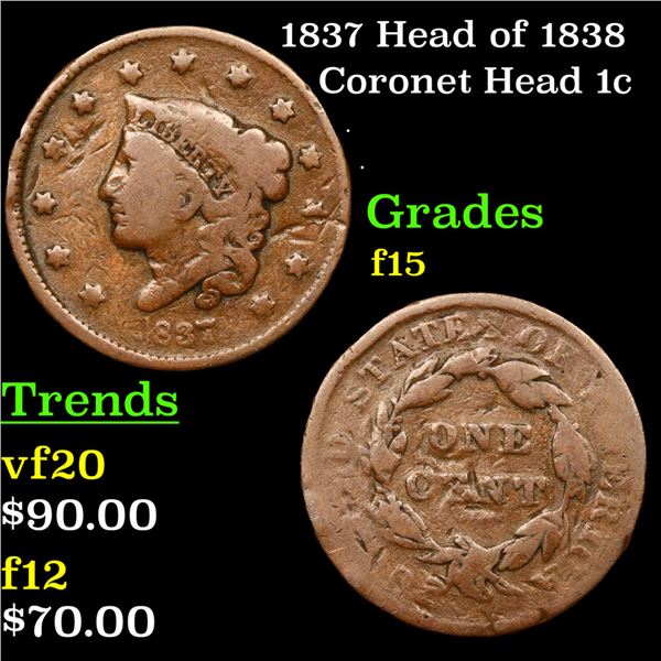 1837 Head of 1838 Coronet Head Large Cent 1c Grades f+