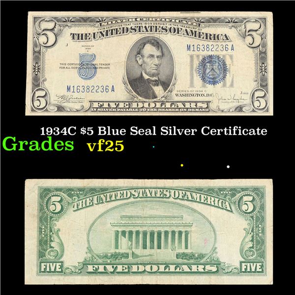 1934C $5 Blue Seal Silver Certificate Grades vf+