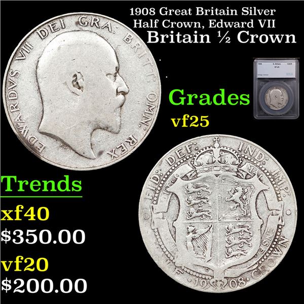 1908 Great Britain Silver Half Crown, Edward VII Graded vf25 By SEGS