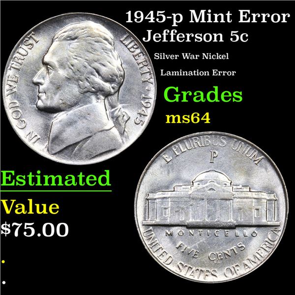 1945-p Jefferson Nickel Mint Error 5c Grades Choice Unc