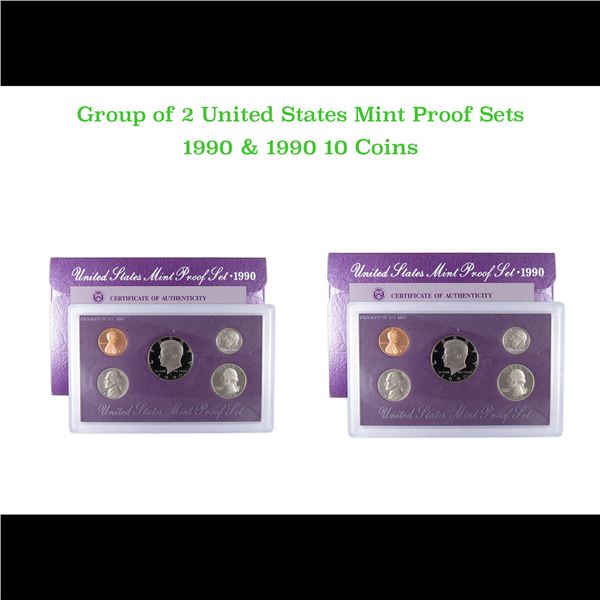 2x 1990 United States Mint Proof Set! A total of 10 Coins Inside, 5 each!