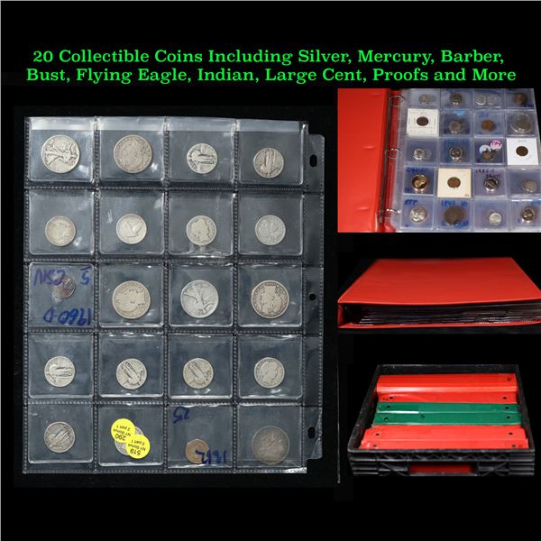 20 Collectible Coins Including Silver, Mercury, Barber, Bust, Flying Eagle, Indian, Large Cent, Proo