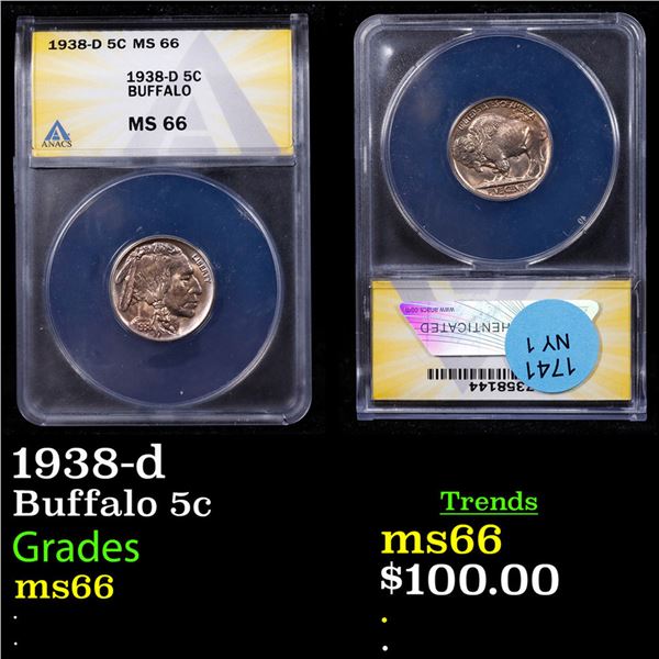 ANACS 1938-d Buffalo Nickel 5c Graded ms66 By ANACS