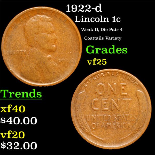 1922-d Lincoln Cent 1c Grades vf+