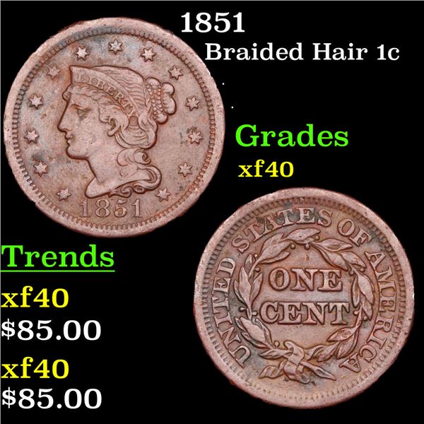 1851 Braided Hair Large Cent 1c Grades xf