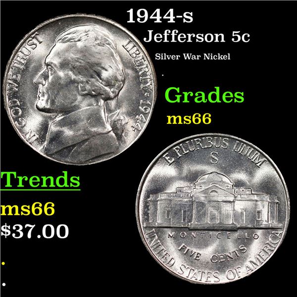 1944-s Jefferson Nickel 5c Grades GEM+ Unc