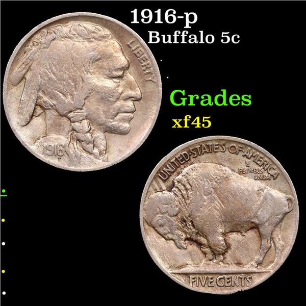 1916-p Buffalo Nickel 5c Grades xf+