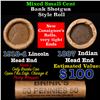 Image 1 : Mixed small cents 1c orig shotgun roll, 1918-d Wheat Cent, 1887 Indian Cent other end, Brinks Wrappe