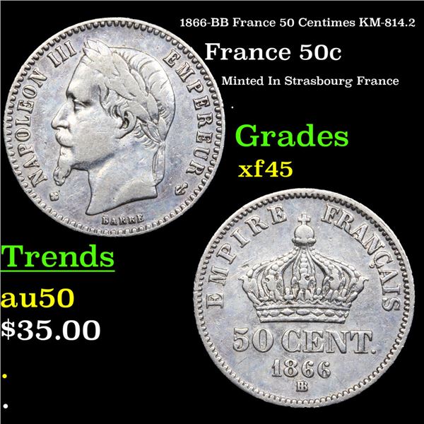 1866-BB France 50 Centimes KM-814.2 Grades xf+