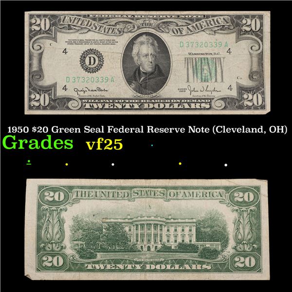 1950 $20 Green Seal Federal Reserve Note (Cleveland, OH) Grades vf+