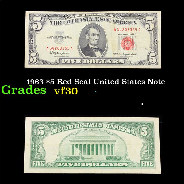 1963 $5 Red Seal United States Note Grades vf++