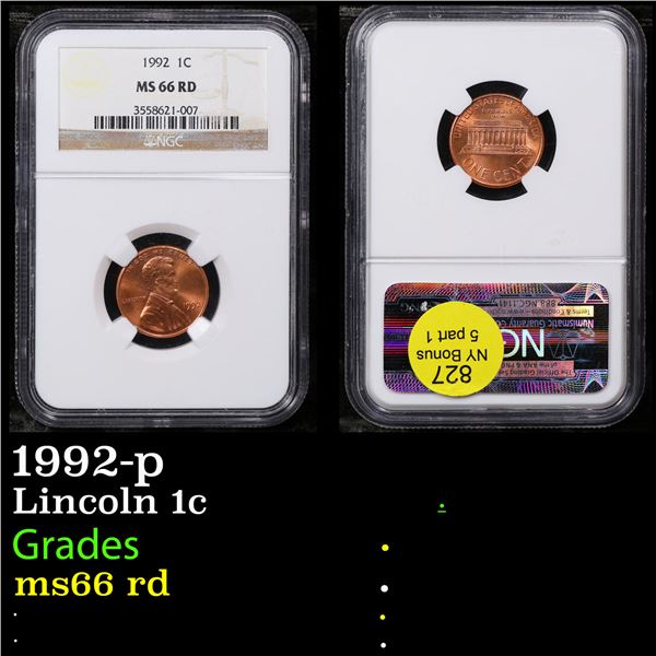 NGC 1992-p Lincoln Cent 1c Graded ms66 rd BY NGC