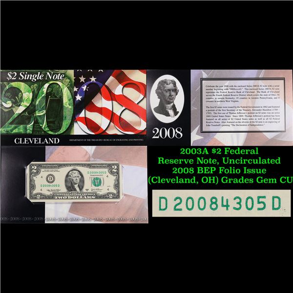 2003A $2 Federal Reserve Note, Uncirculated 2008 BEP Folio Issue (Cleveland, OH) Grades Gem CU