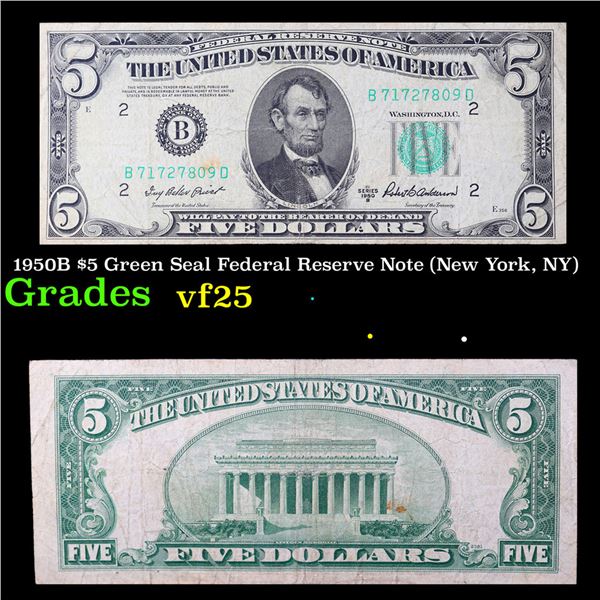 1950B $5 Green Seal Federal Reserve Note (New York, NY) Grades vf+