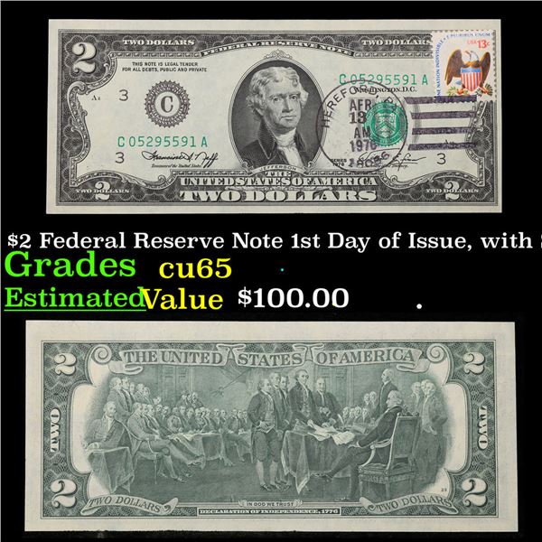 1976 $2 Federal Reserve Note 1st Day of Issue, with Stamp Grades Gem CU